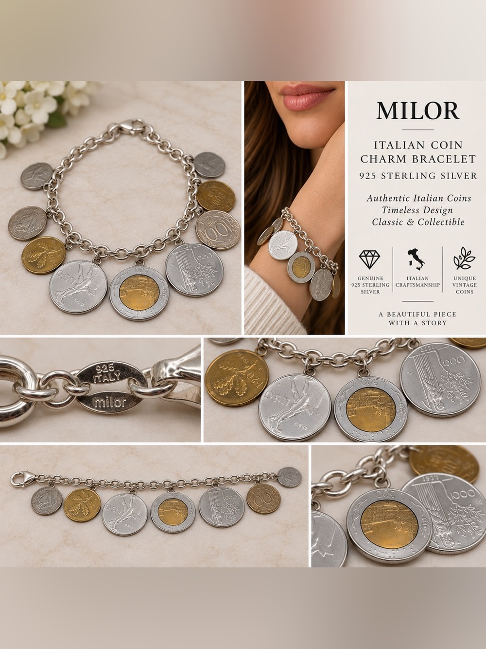 Milor Italian Two-Tone Sterling Silver Coin Charm Bracelet - Silver & Gold Coins